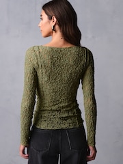 Olive Green Slash Neck Long Sleeve Lace Top - Image 3 of 5