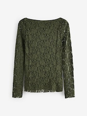 Olive Green Slash Neck Long Sleeve Lace Top - Image 4 of 5