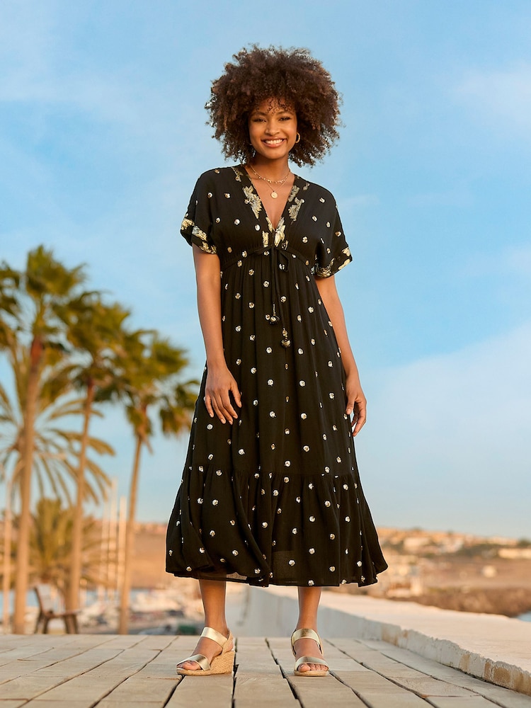 Joe Browns Dark Black Sparkle Sequin Dot Tiered Kimono Style Maxi Dress - Image 1 of 7