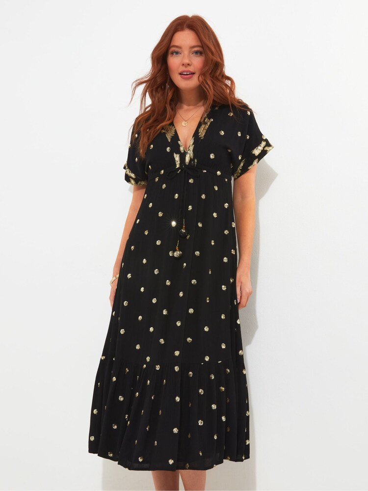 Joe Browns Dark Black Sparkle Sequin Dot Tiered Kimono Style Maxi Dress - Image 2 of 7
