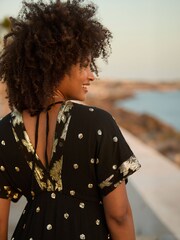 Joe Browns Dark Black Sparkle Sequin Dot Tiered Kimono Style Maxi Dress - Image 6 of 7