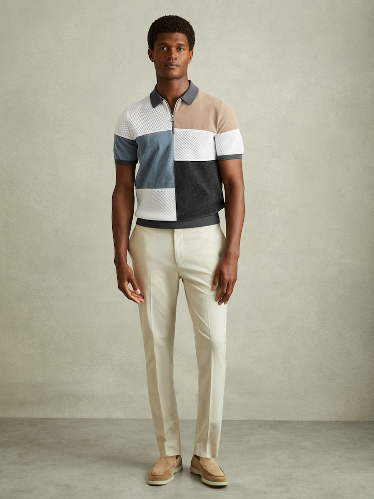 Reiss Steel Blue Marty Hybrid Velour Half-Zip Polo Shirt - Image 1 of 5