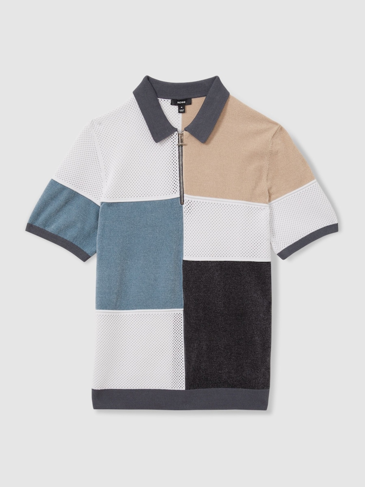 Reiss Steel Blue Marty Hybrid Velour Half-Zip Polo Shirt - Image 2 of 5