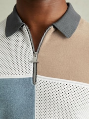 Reiss Steel Blue Marty Hybrid Velour Half-Zip Polo Shirt - Image 3 of 5