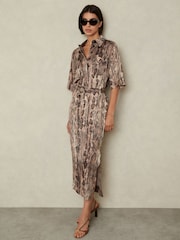 Reiss Neutral Farah Snake Print Belted Midi Dress - Image 1 of 5
