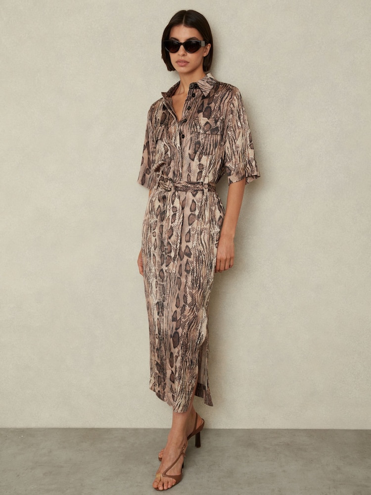 Reiss Neutral Farah Snake Print Belted Midi Dress - Image 1 of 5