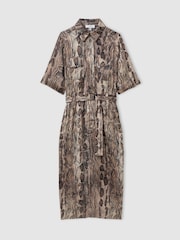 Reiss Neutral Farah Snake Print Belted Midi Dress - Image 2 of 5