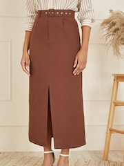 Yumi Brown 100% Cotton Midi Skirt With Belt And Split Hem - Image 1 of 5