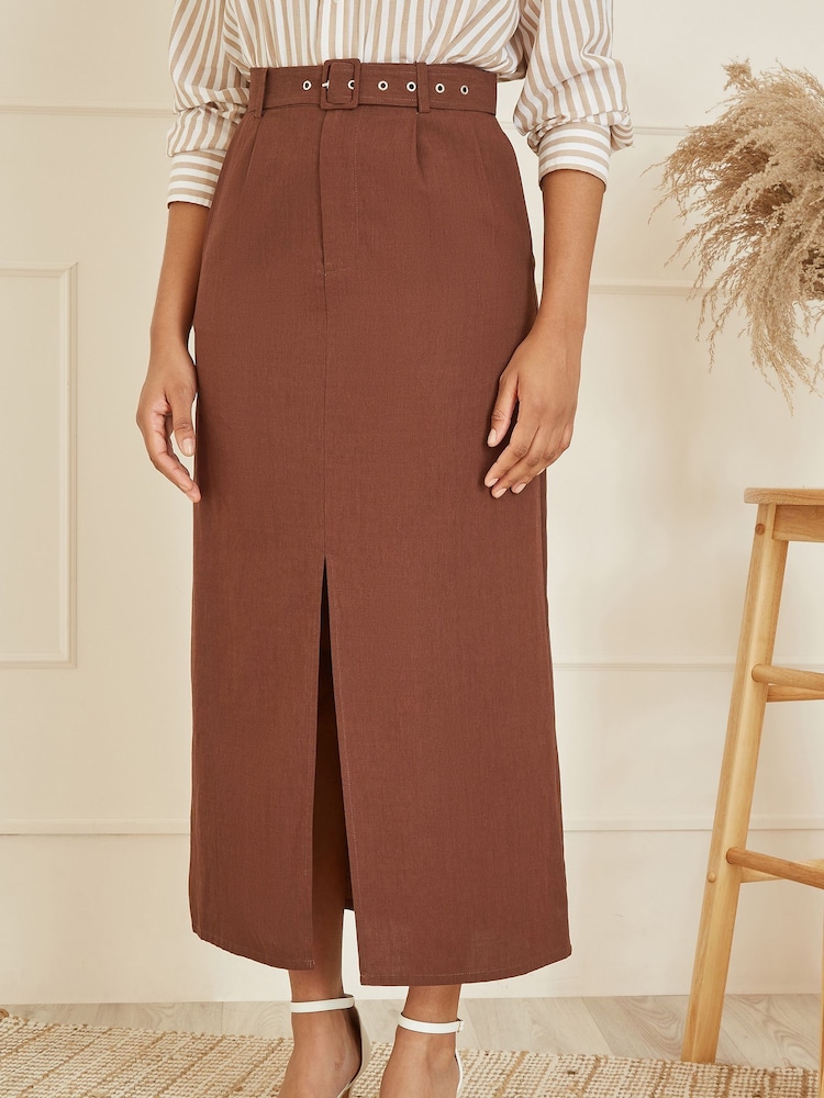 Yumi Brown 100% Cotton Midi Skirt With Belt And Split Hem - Image 1 of 5