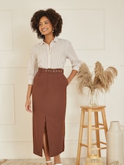 Yumi Brown 100% Cotton Midi Skirt With Belt And Split Hem - Image 2 of 5