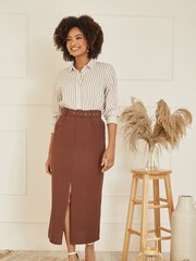 Yumi Brown 100% Cotton Midi Skirt With Belt And Split Hem - Image 3 of 5