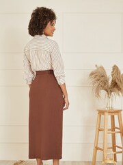 Yumi Brown 100% Cotton Midi Skirt With Belt And Split Hem - Image 4 of 5