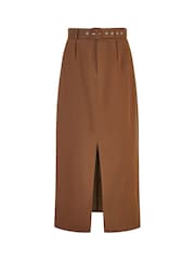 Yumi Brown 100% Cotton Midi Skirt With Belt And Split Hem - Image 5 of 5