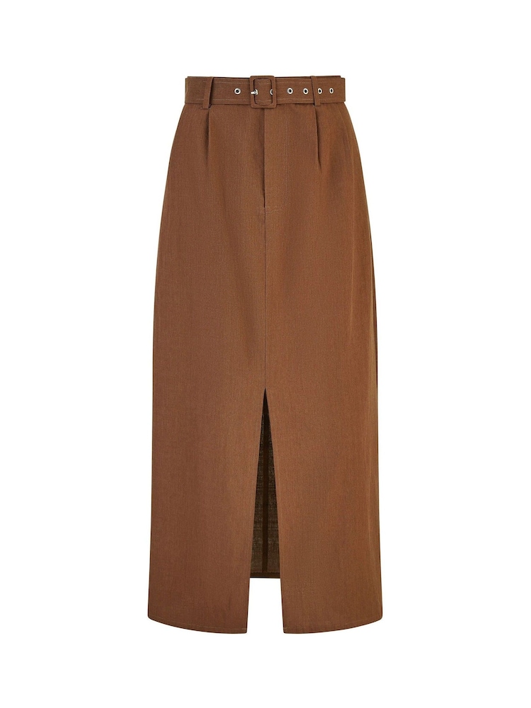 Yumi Brown 100% Cotton Midi Skirt With Belt And Split Hem - Image 5 of 5
