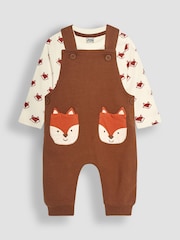 JoJo Maman Bébé Toffee Brown Fox Appliqué Pocket Dungarees and Top Set - Image 1 of 6