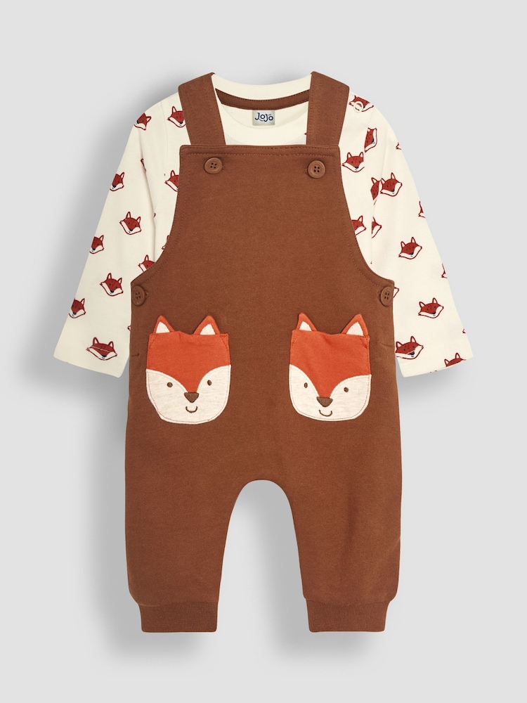 JoJo Maman Bébé Toffee Brown Fox Appliqué Pocket Dungarees and Top Set - Image 1 of 6