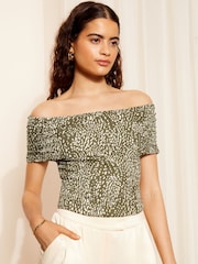 Friends Like These Khaki Green Flocked Bardot Non Spot Khaki Blouse - Image 2 of 4