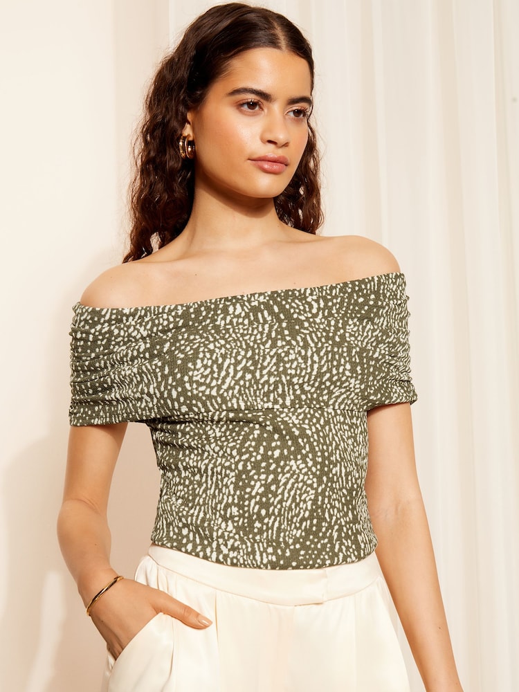 Friends Like These Khaki Green Flocked Bardot Non Spot Khaki Blouse - Image 2 of 4