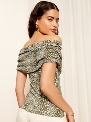 Friends Like These Khaki Green Flocked Bardot Non Spot Khaki Blouse - Image 4 of 4