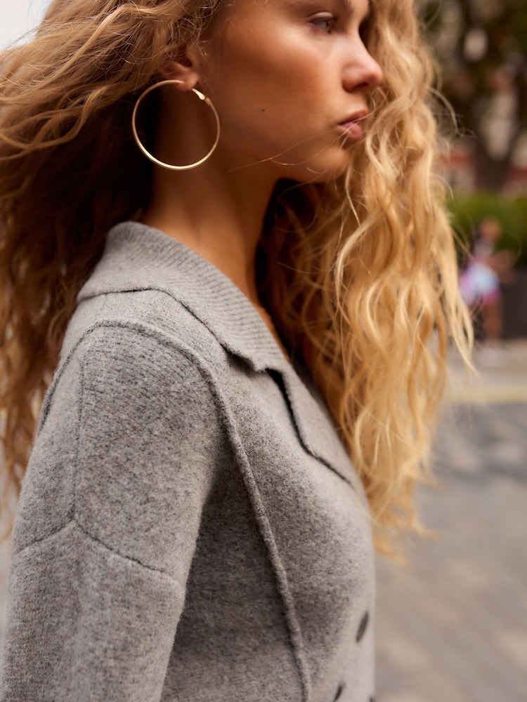 Grey Smart Collared Knitted Blazer Cardigan Jacket with Wool - Image 5 of 7
