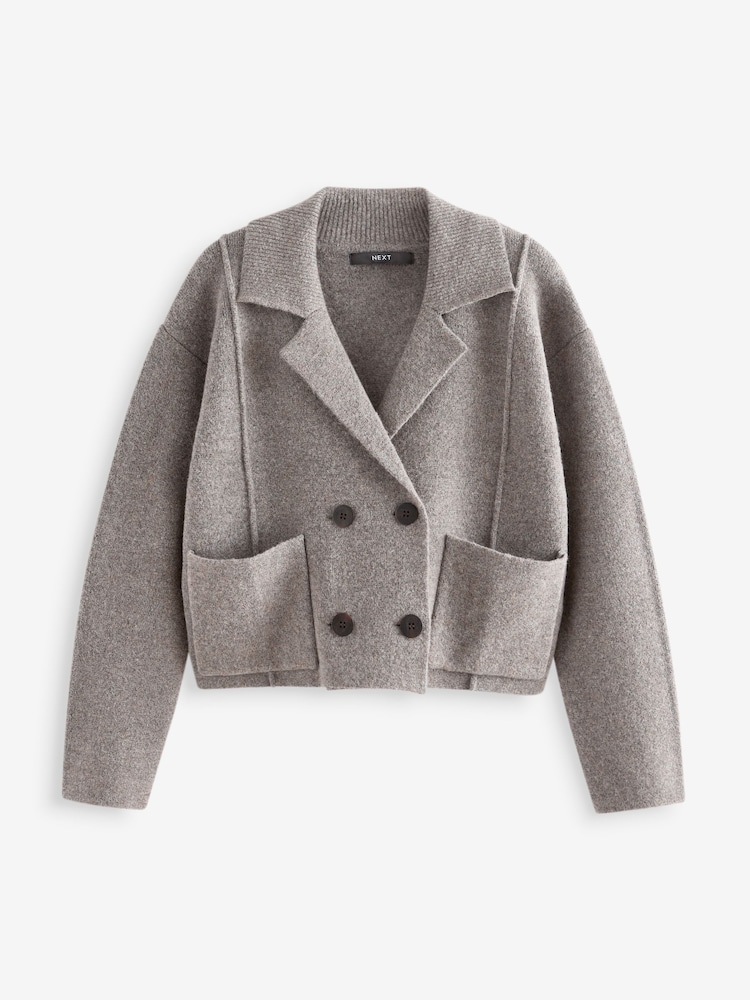 Grey Smart Collared Knitted Blazer Cardigan Jacket with Wool - Image 6 of 7