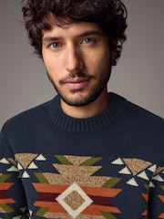 Navy Blue Crew Neck Regular Fit Navajo Style Jumper with Wool - Image 1 of 8