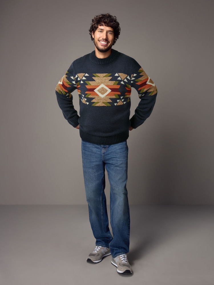 Navy Blue Crew Neck Regular Fit Navajo Style Jumper with Wool - Image 2 of 8 Navy Blue Crew Neck Regular Fit Navajo Style Jumper with Wool - Image 2 of 8