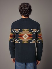 Navy Blue Crew Neck Regular Fit Navajo Style Jumper with Wool - Image 4 of 8