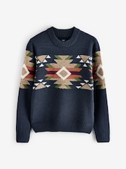 Navy Blue Crew Neck Regular Fit Navajo Style Jumper with Wool - Image 6 of 8