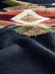 Navy Blue Crew Neck Regular Fit Navajo Style Jumper with Wool - Image 7 of 8