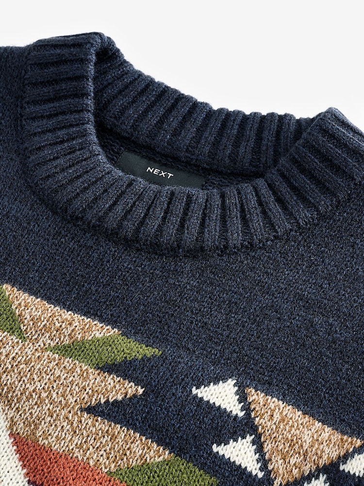 Navy Blue Crew Neck Regular Fit Navajo Style Jumper with Wool - Image 8 of 8 Navy Blue Crew Neck Regular Fit Navajo Style Jumper with Wool - Image 8 of 8