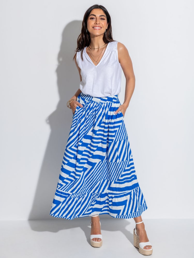Pour Moi Blue Susan 100% Cotton Poplin Tiered Hem Midaxi Skirt - Image 1 of 4