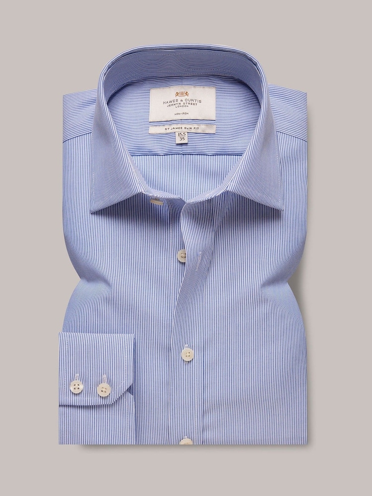 Hawes & Curtis Slim Blue Non-Iron Fine Stripe 100% Cotton Shirt - Image 1 of 3