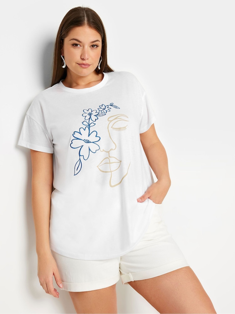 Yours Curve White 100% Cotton Mediterranean Linear Placement Print T-Shirt - Image 2 of 6