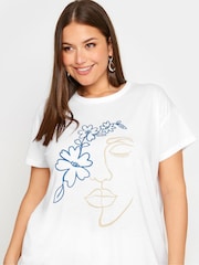 Yours Curve White 100% Cotton Mediterranean Linear Placement Print T-Shirt - Image 5 of 6