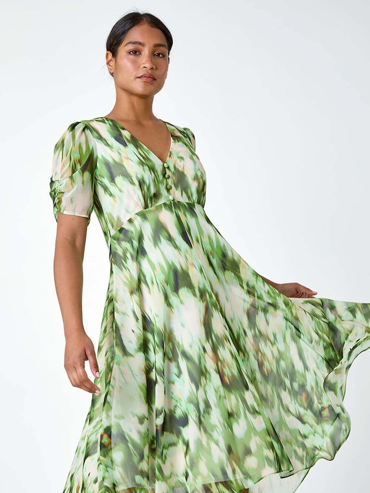 Roman Green Abstract Print Hanky Hem Chiffon Dress - Image 1 of 5