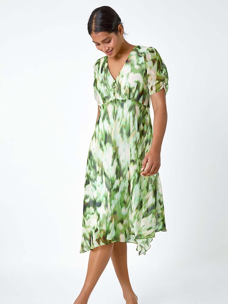 Roman Green Abstract Print Hanky Hem Chiffon Dress - Image 2 of 5