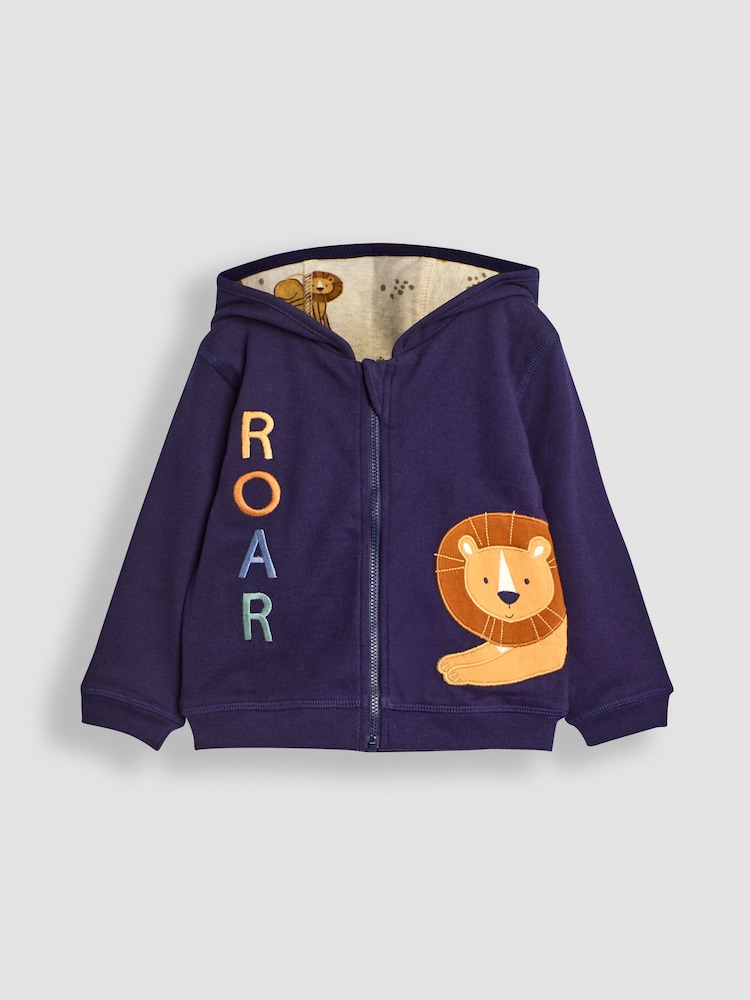 JoJo Maman Bébé Navy Blue/Natural Lion Lion Appliqué Reversible Hoodie - Image 2 of 8