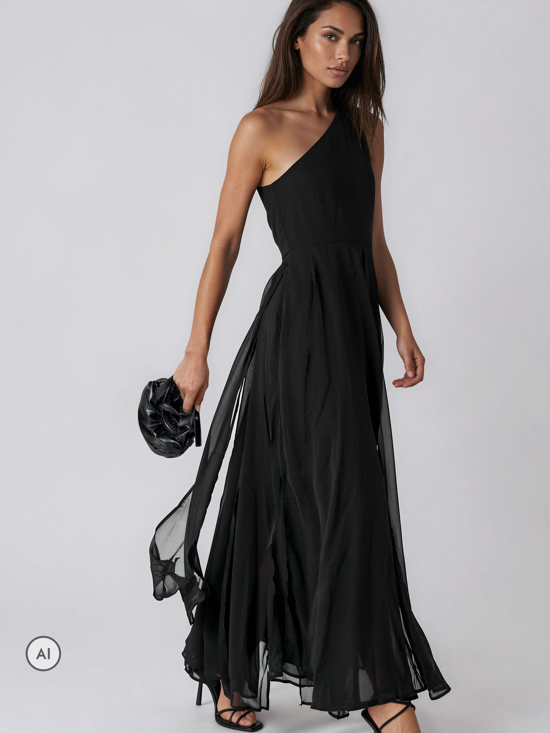 Buy Religion Black Sheer One Shoulder Maxi Dress With Full Skirt