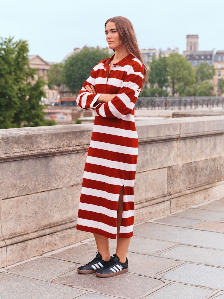 Red/Pink Stripe Long Sleeve Midi Rugby 100% Cotton Shirt Dress - Image 2 of 6