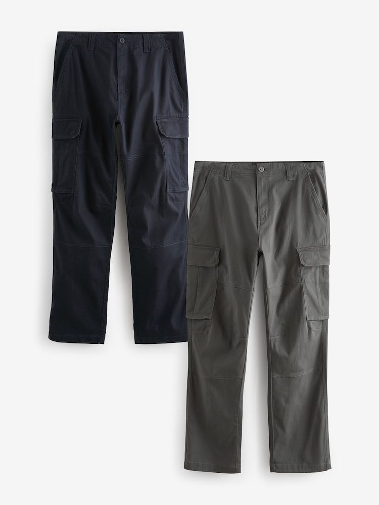 Charcoal Grey/Navy Blue Straight Fit Cotton Rich Stretch Cargo Trousers 2 Pack - Image 1 of 15