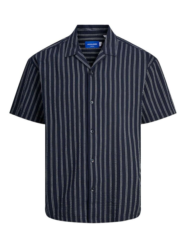 JACK & JONES Blue Seersucker Stripe Revere Collar Shirt - Image 1 of 4