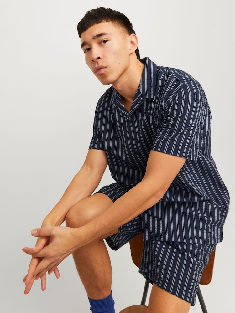 JACK & JONES Blue Seersucker Stripe Revere Collar Shirt - Image 2 of 4
