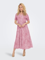 JDY Purple Printed V-Neck Short Sleeve Tiered Maxi Dress - Image 1 of 5