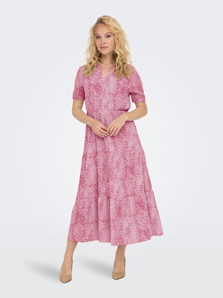 JDY Purple Printed V-Neck Short Sleeve Tiered Maxi Dress - Image 1 of 5