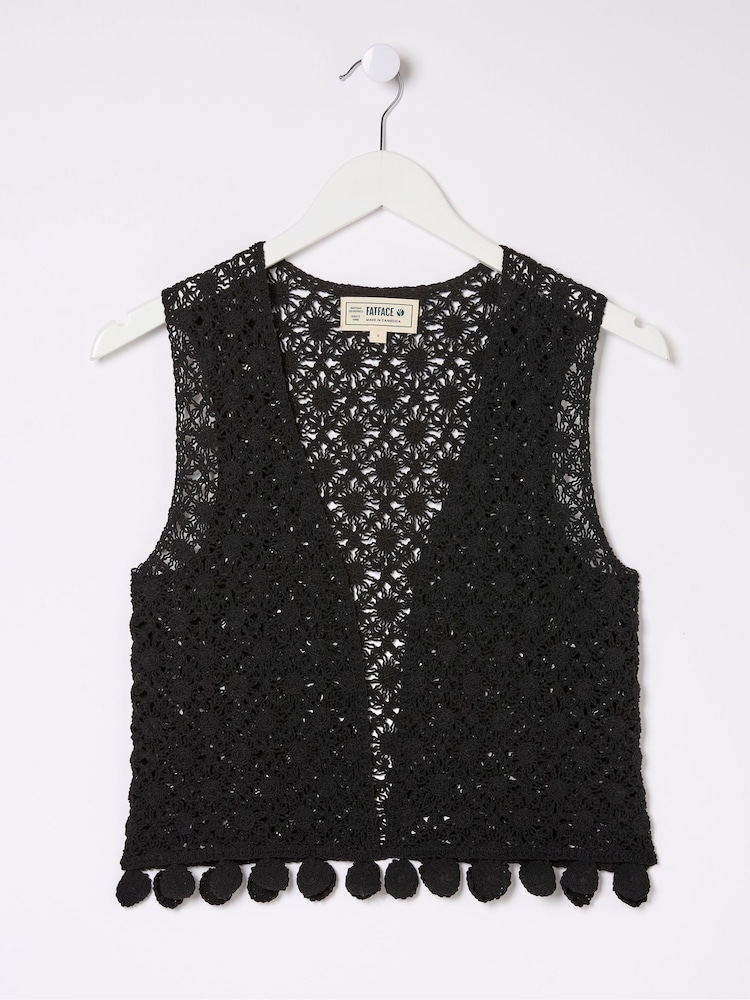 FatFace Black Coin Trim Crochet Waistcoat - Image 9 of 9