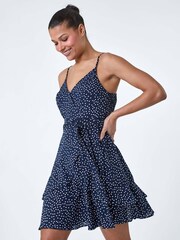 Roman Blue Polka Dot Frill Detail Wrap Dress - Image 1 of 5