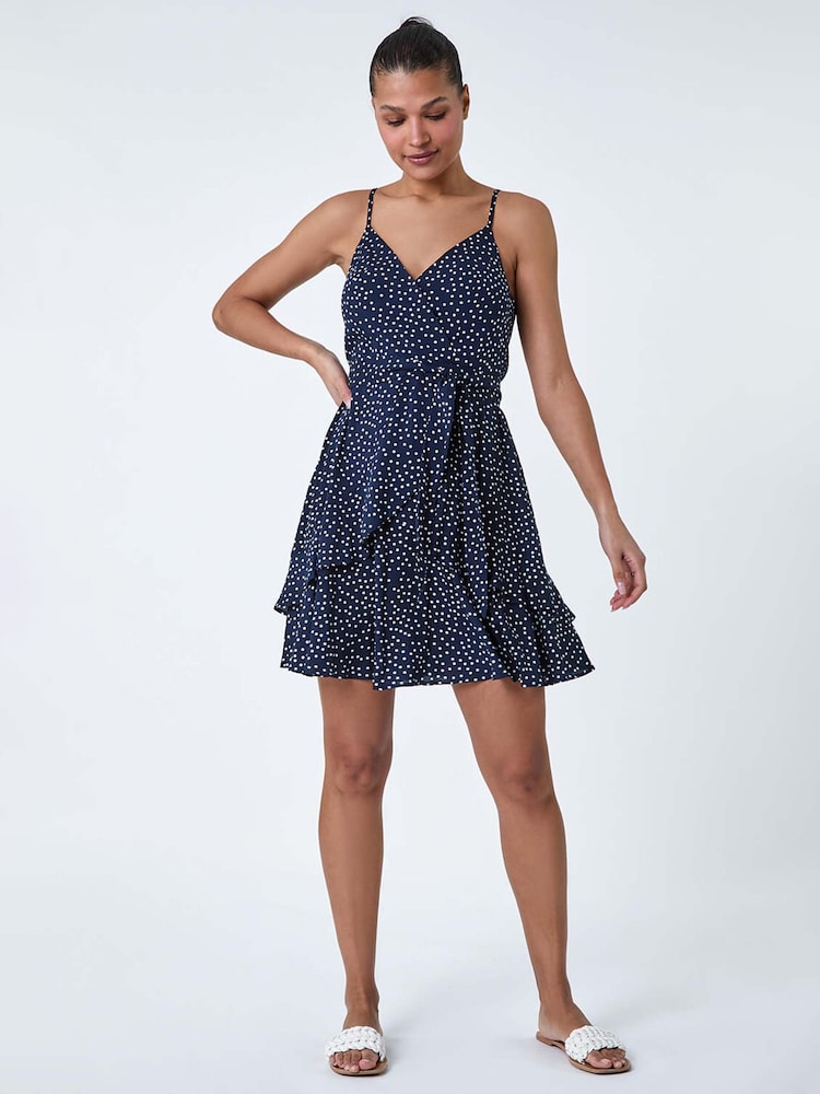 Roman Blue Polka Dot Frill Detail Wrap Dress - Image 2 of 5