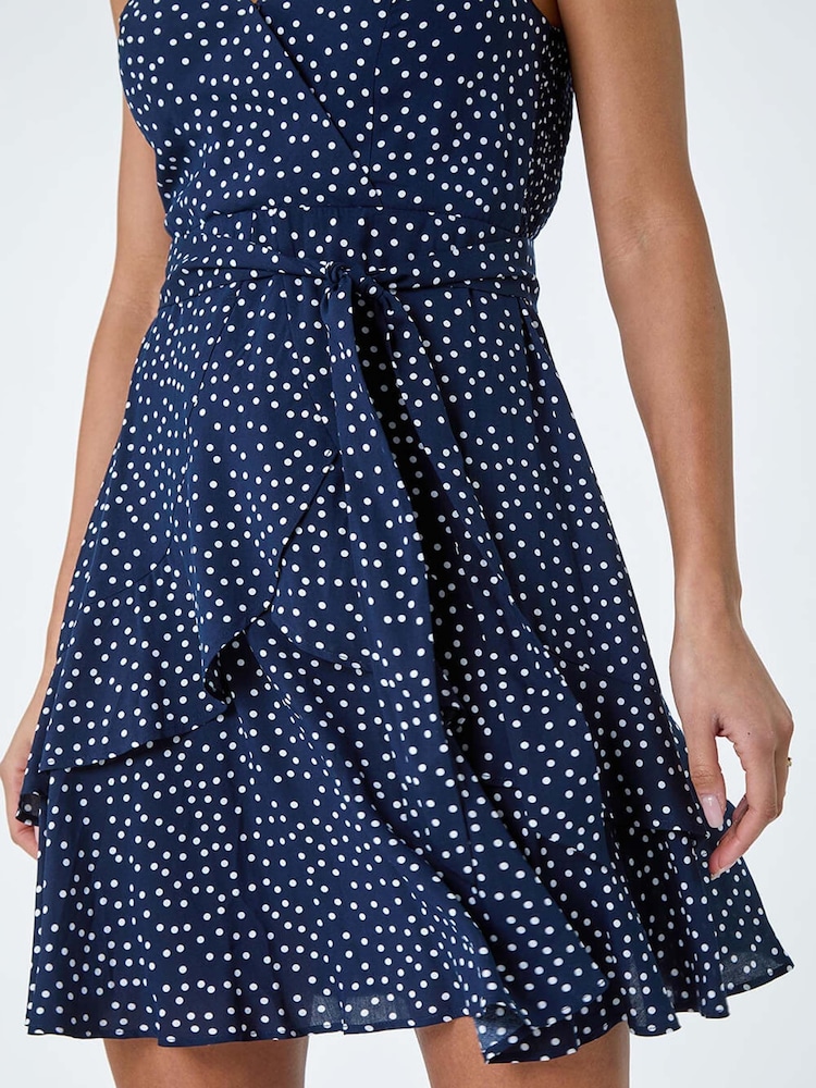 Roman Blue Polka Dot Frill Detail Wrap Dress - Image 5 of 5