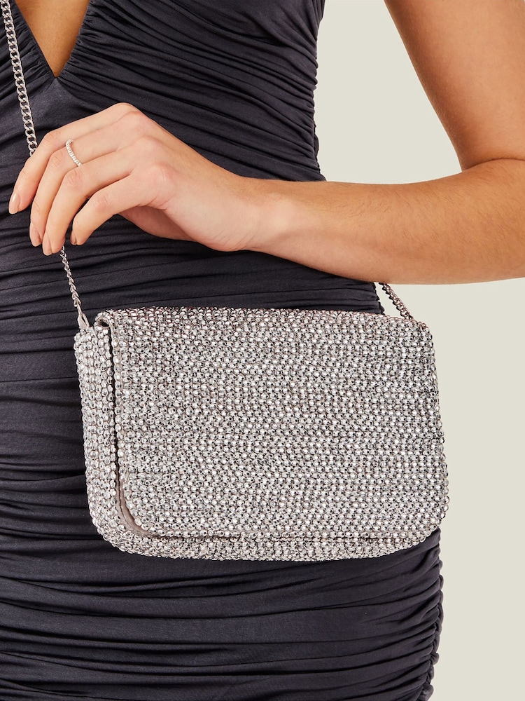 Accessorize Silver Fold Over Beaded Clutch Bag - Image 1 of 4